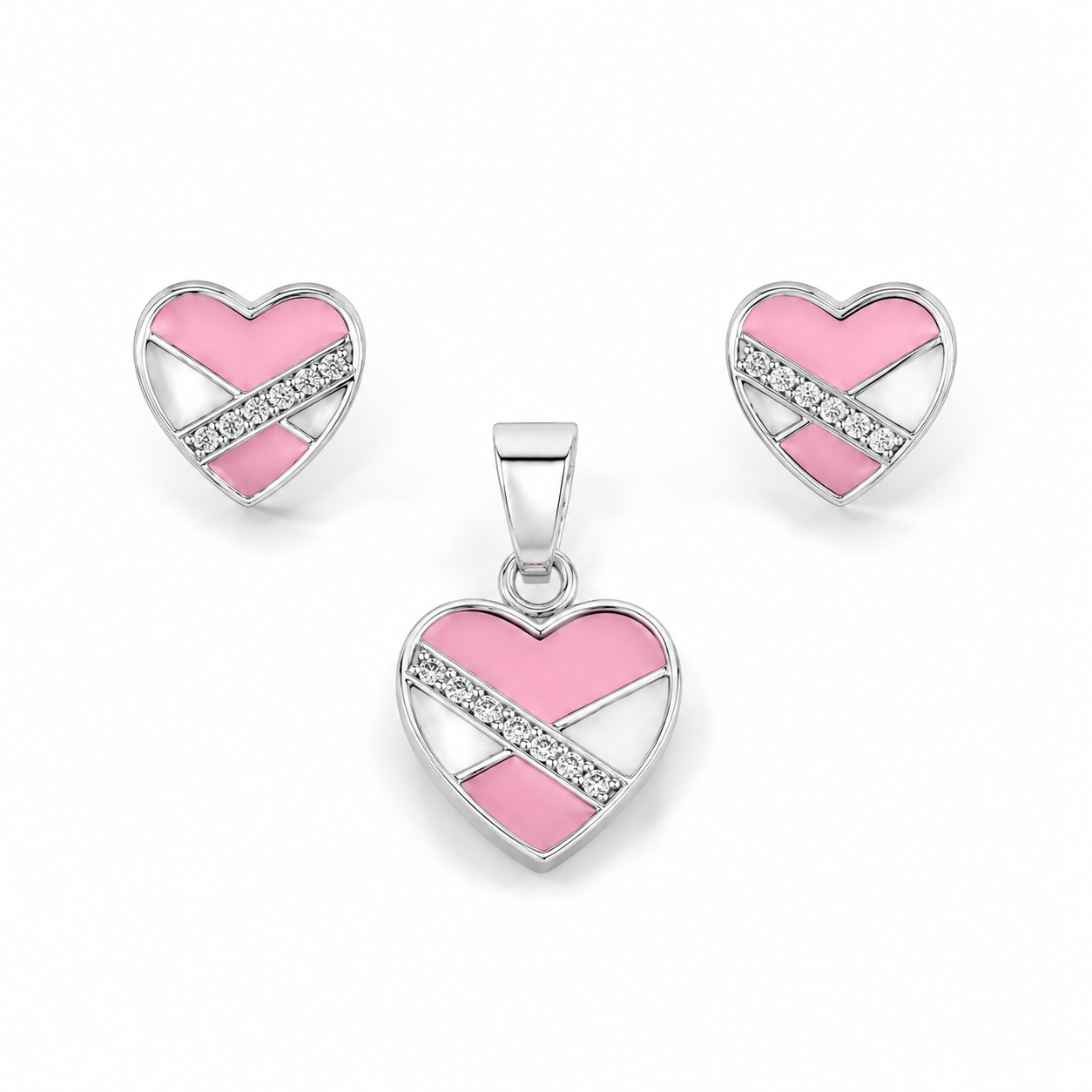 Front view of the Pink Enamel Heart Silver Pendant Set with matching stud earrings