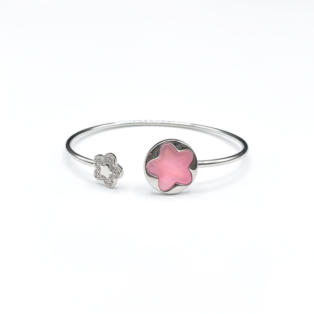 Front view of the adjustable silver-toned Pink Flower Open Kada with a pink floral centerpiece on a crisp white background