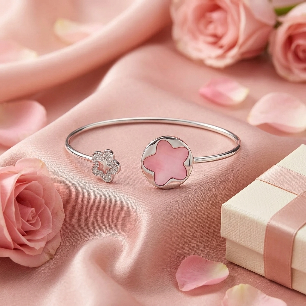 The Pink Flower Open Kada displayed elegantly on soft pink silk cloth, surrounded by fresh pink roses and a small gift box