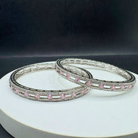 Pink Stone Silver Bangle Pair - 2