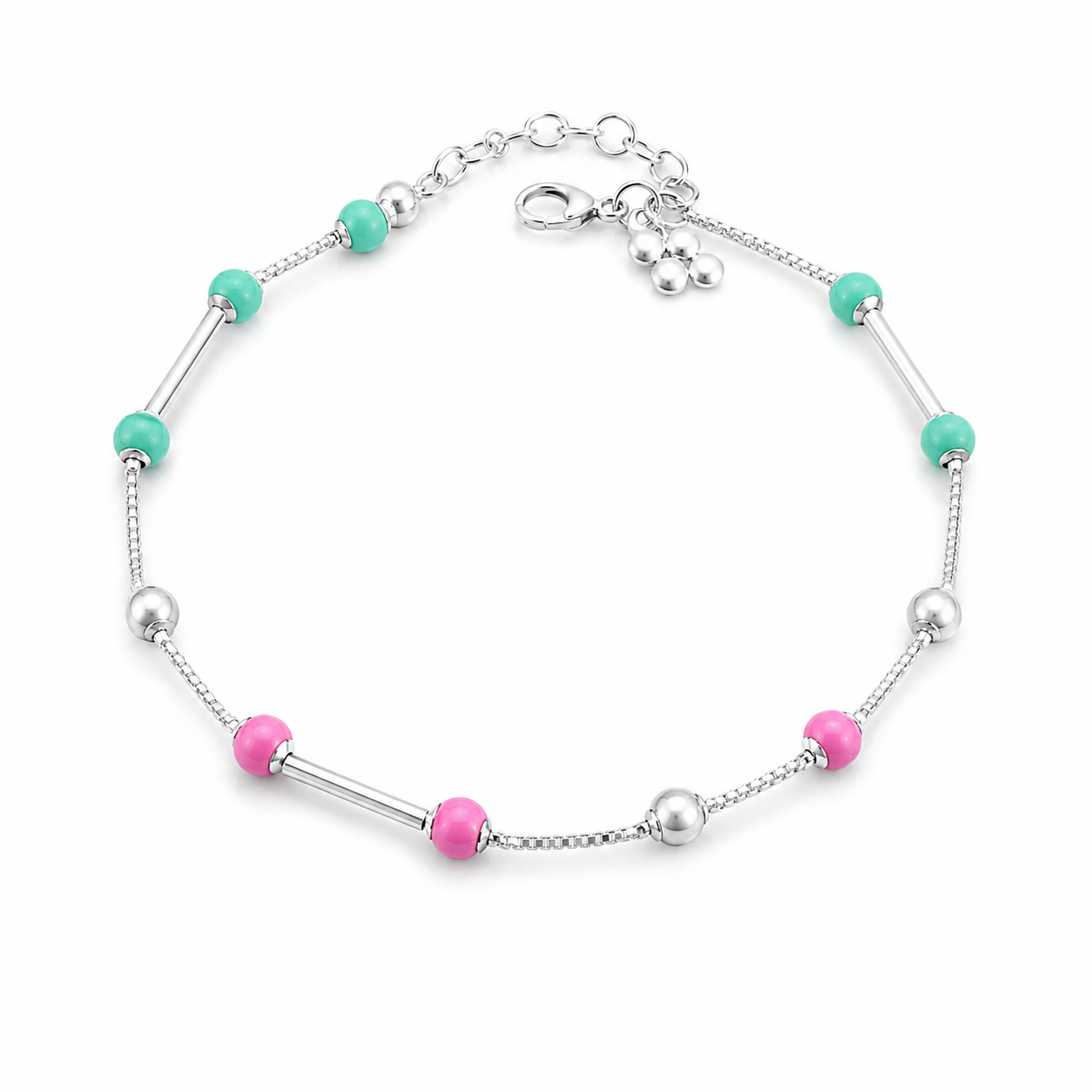 Silver anklet featuring alternating cylindrical bars and bright pink and mint green enamel beads.