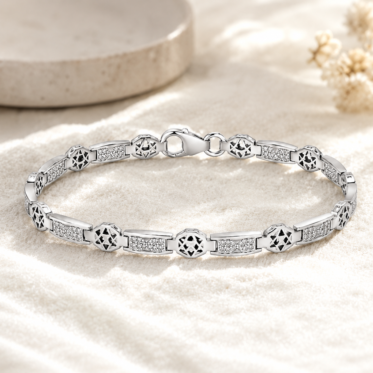 Polished Silver Geometric Star CZ Link Bracelet