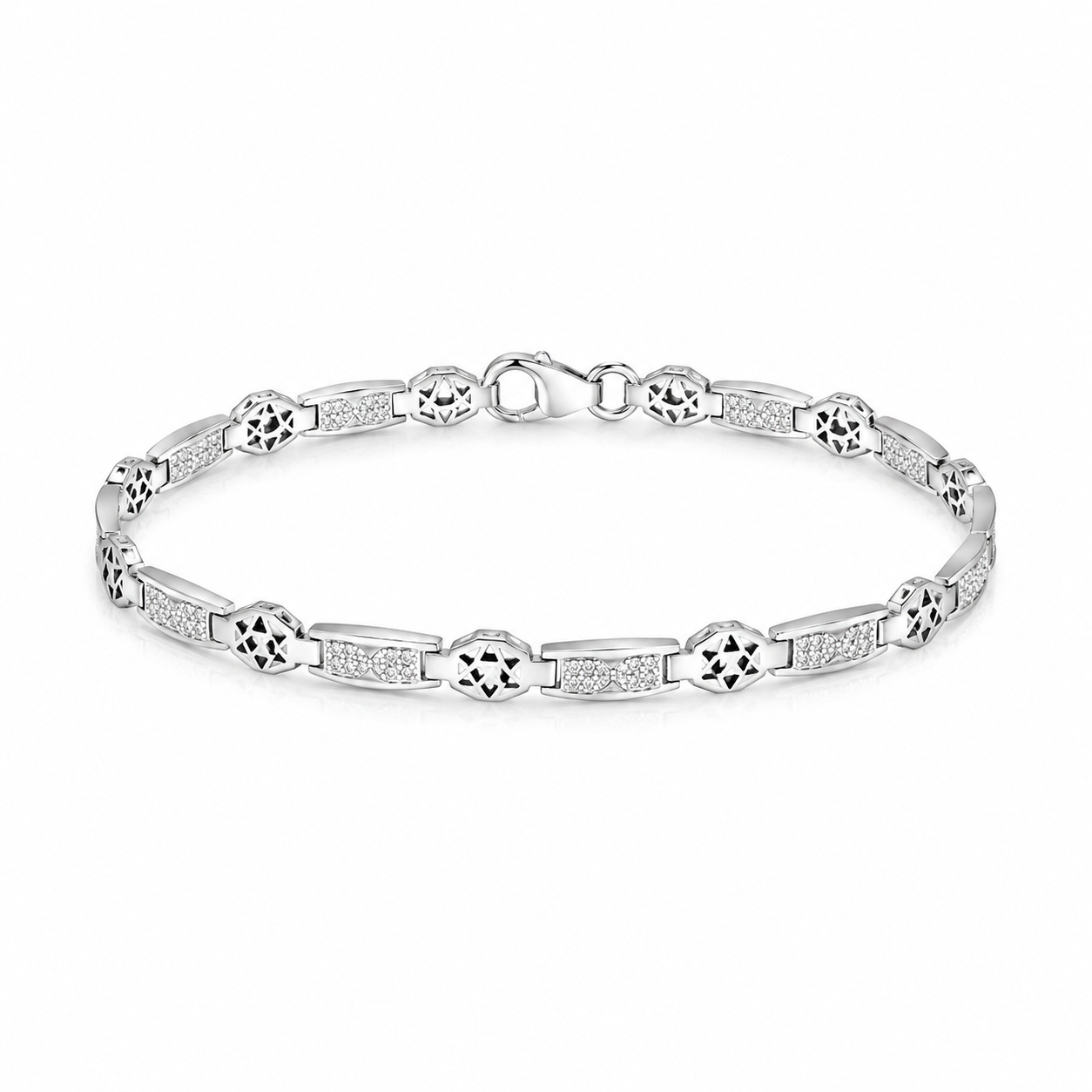 Silver link bracelet featuring alternating textured bars and geometric star cutouts on a white background
