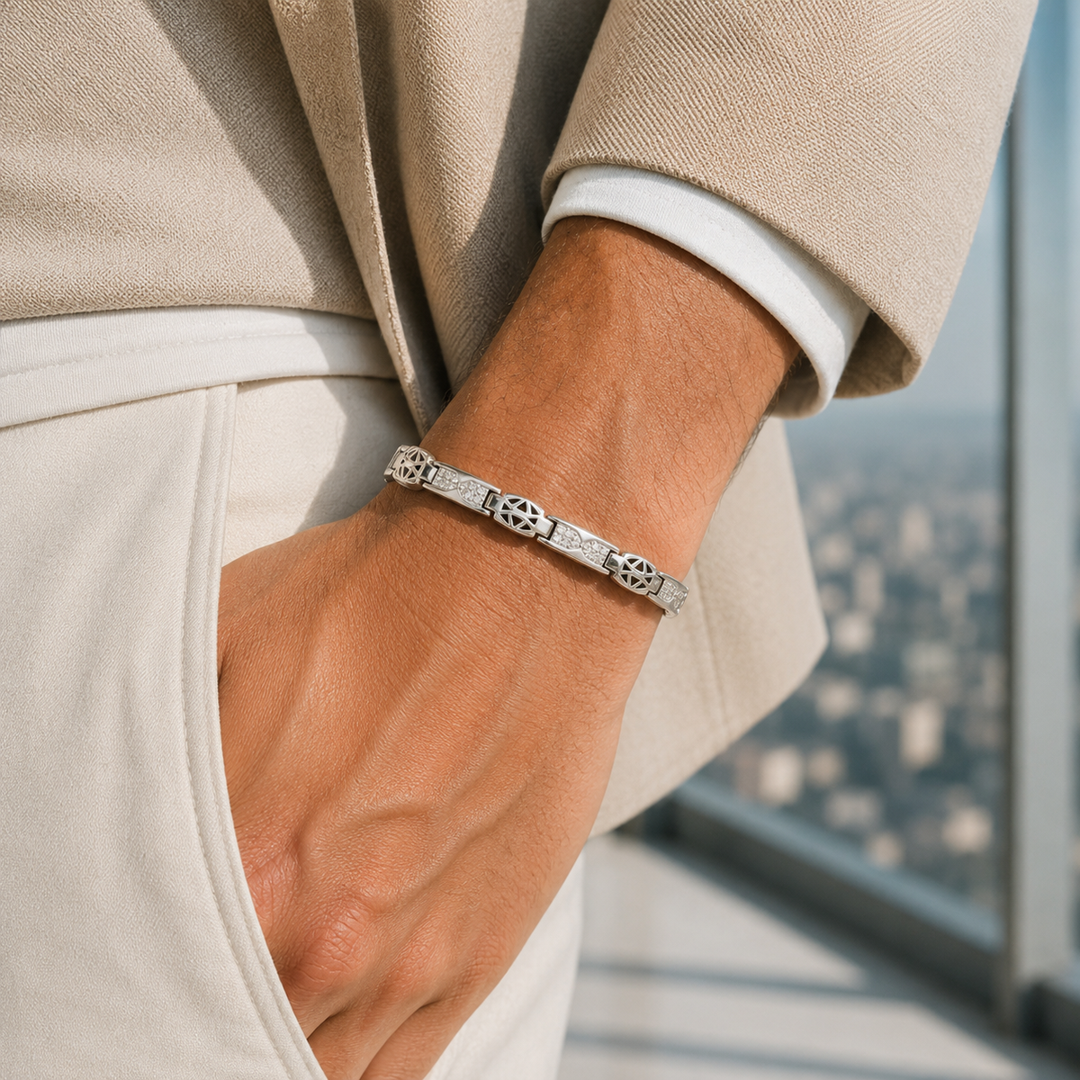 Silver Geometric Star Motif CZ Link Bracelet | Jiya Gold Palace