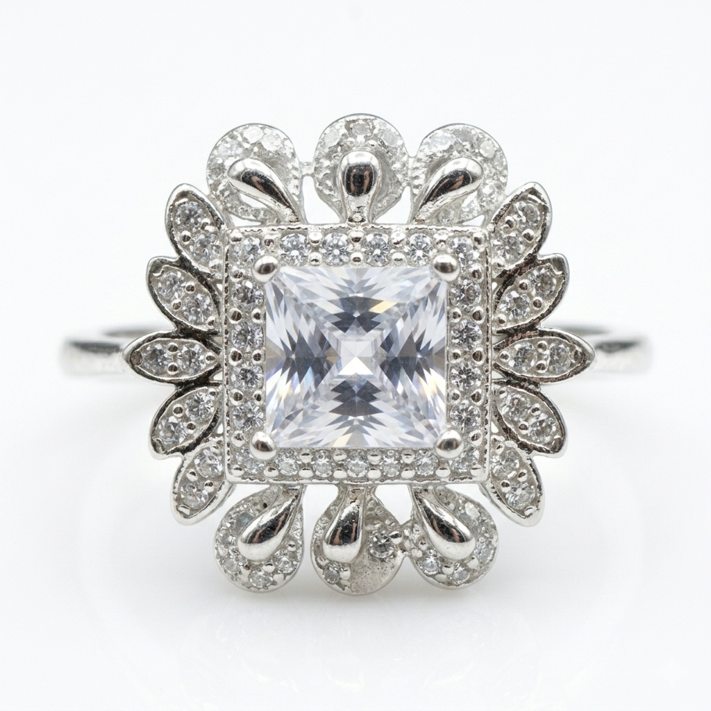 Studio shot of the Princess Cut Stone Silver Ring with a prominent square center stone isolated against a pure white background.