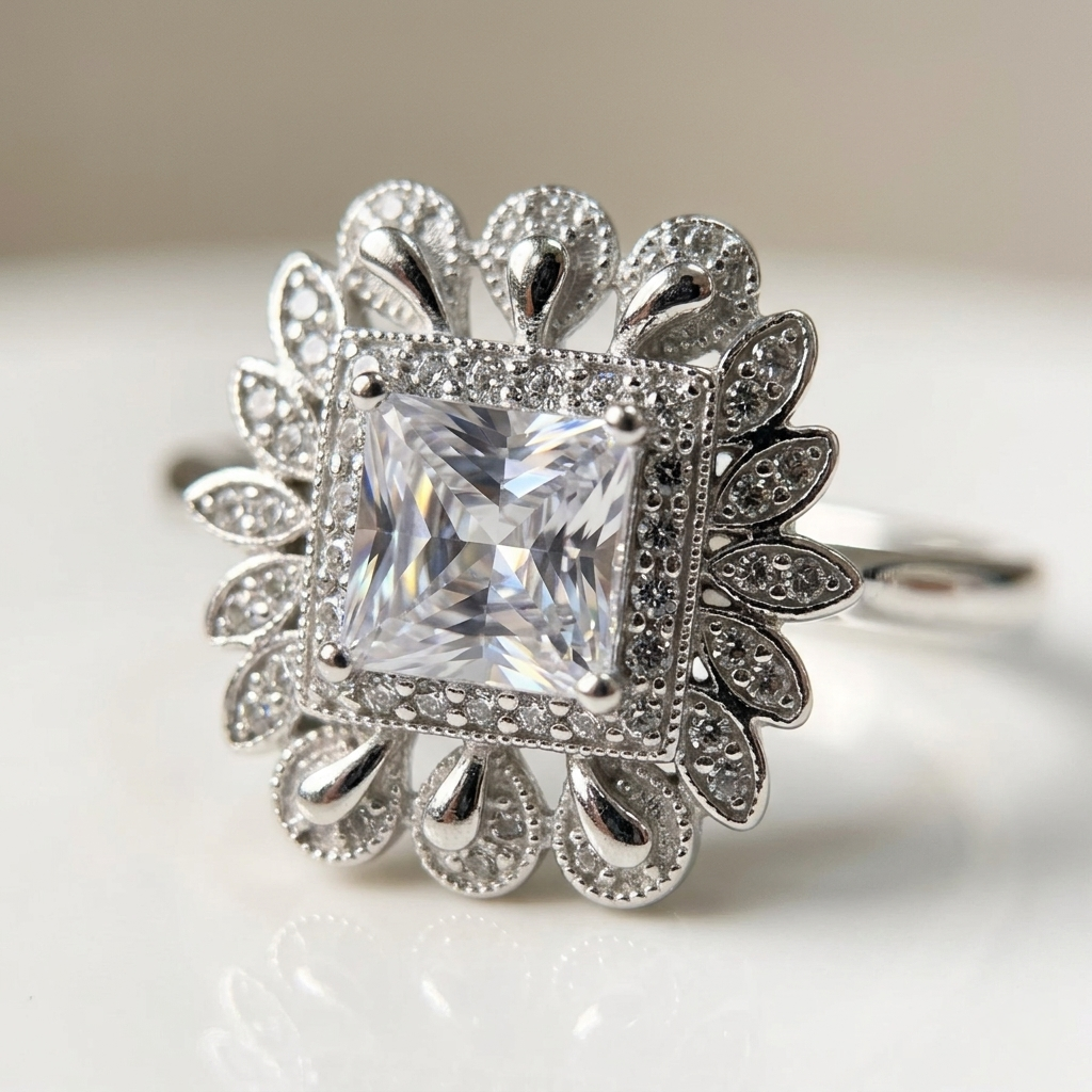 Close up macro shot of the Princess Cut Stone Silver Ring showing intricate milgrain detailing and pavé set petal edges on a white surface.