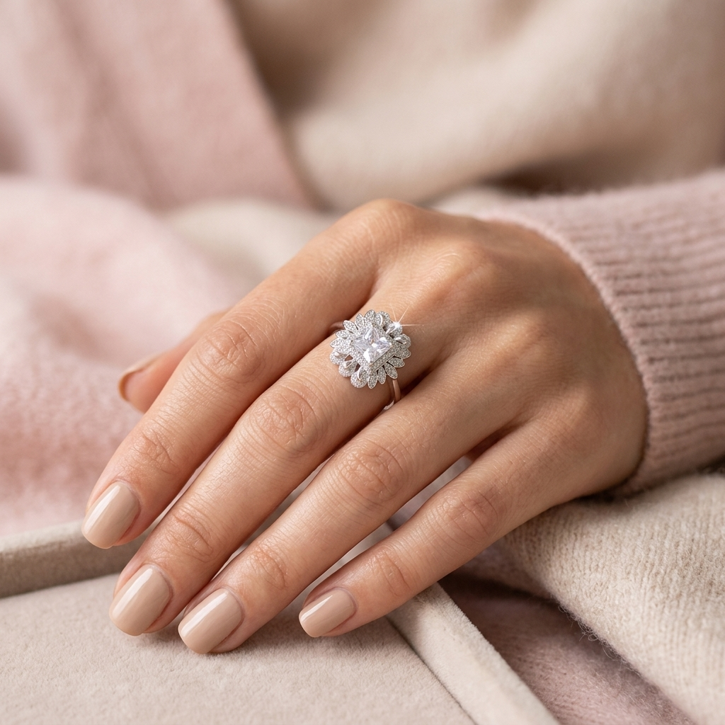 Woman's hand wearing a Princess Cut Stone Silver Ring and a floral crystal halo resting on a beige fabric