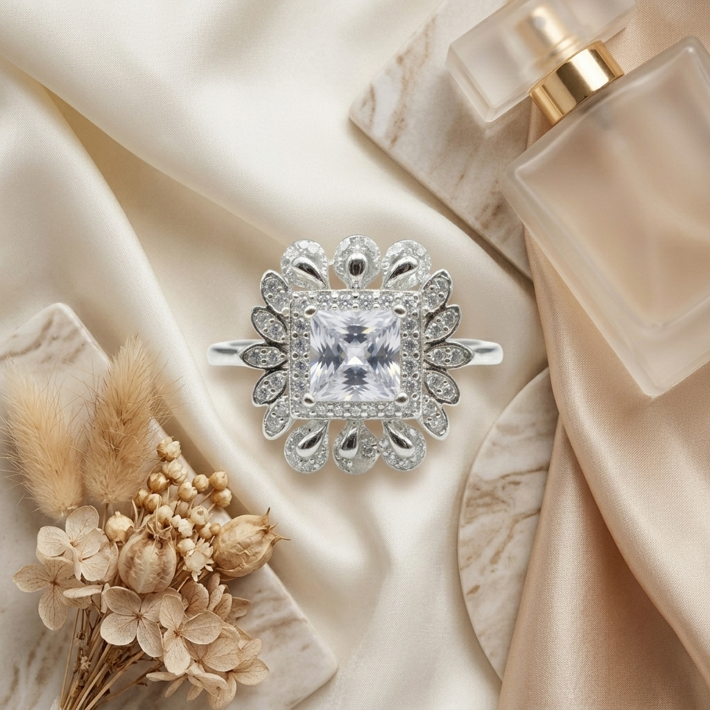 Top down view of the Princess Cut Stone Silver Ring displayed elegantly next to dried floral sprigs and a perfume bottle on satin fabric.