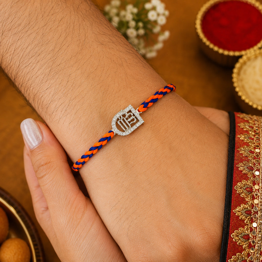Silver Bhai Rakhi with Blue Thread