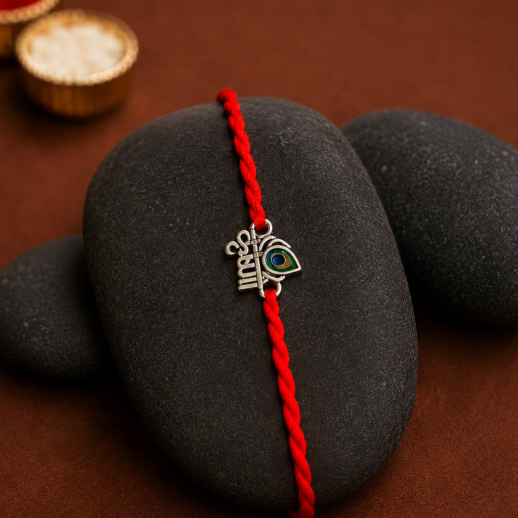 Silver Om Peacock Feather Rakhi