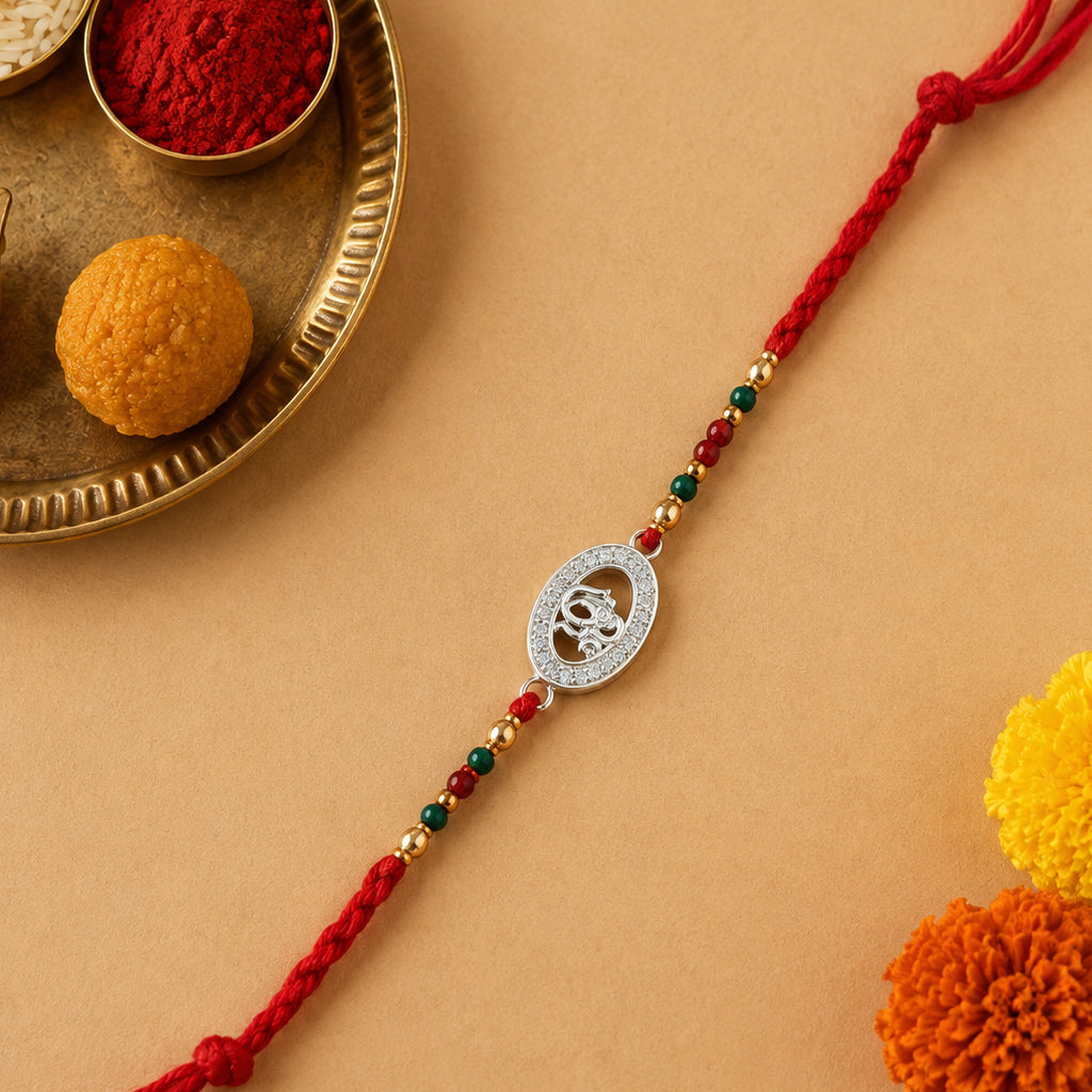 Silver CZ Oval Om Rakhi