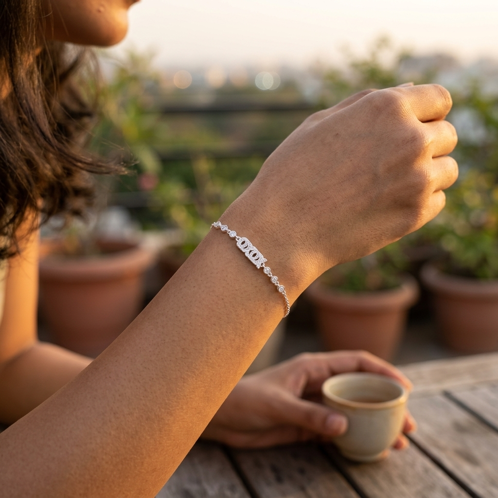 Woman wearing the Raksha Sutra Owl Silver Bracelet with an OXOX motif, holding a cup outdoors at sunset.
