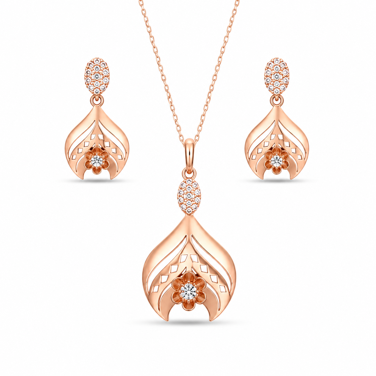 Rose Gold Plated Floral Teardrop Pendant and Earring Set