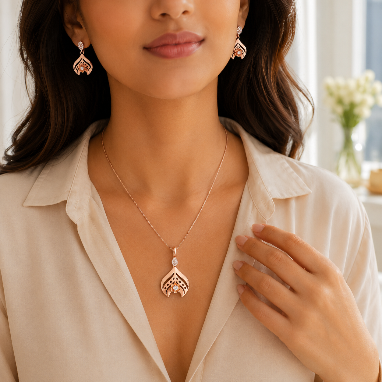 Rose Gold Plated Floral Teardrop Pendant and Earring Set