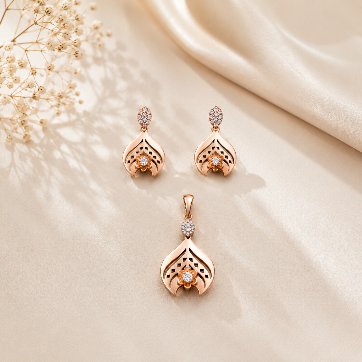 Rose Gold Plated Floral Teardrop Pendant and Earring Set