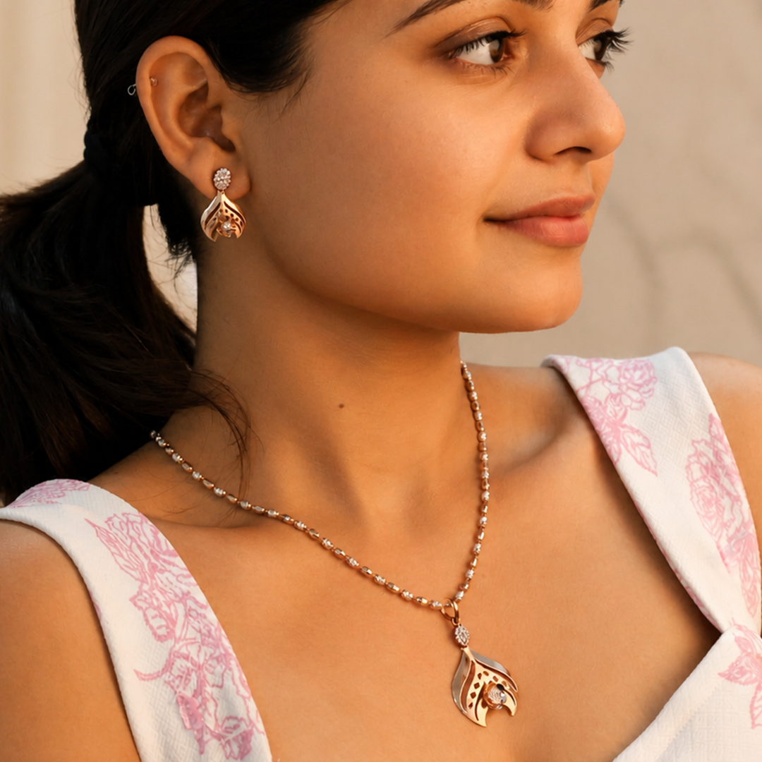 Rose Gold Plated Floral Teardrop Pendant and Earring Set