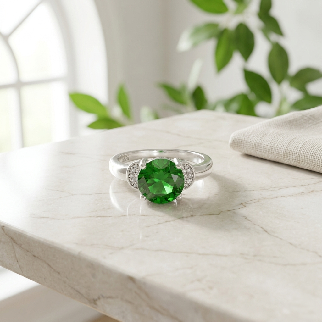 Round Emerald Look Silver Ring resting on a light marble countertop next to a folded beige napkin.
