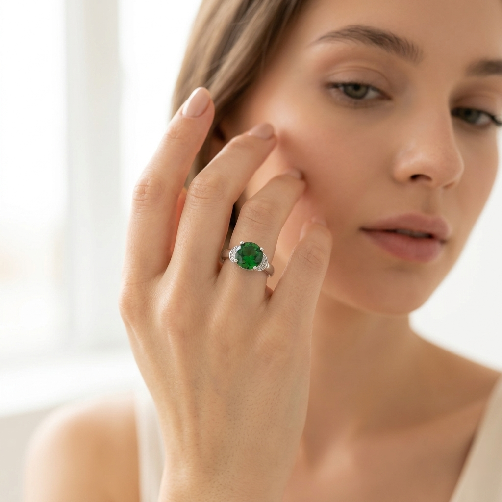 Close-up of a young woman wearing the Round Emerald Look Silver Ring on her right hand, gently touching her face.