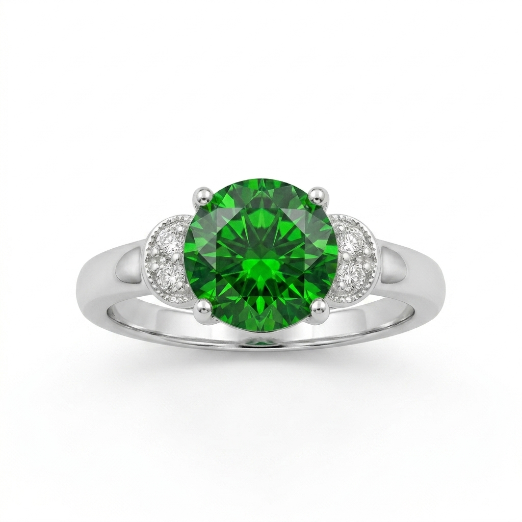 Detailed front view of a Round Emerald Look Silver Ring featuring a large round green stone and crescent-shaped clear stone side accents against a white background.