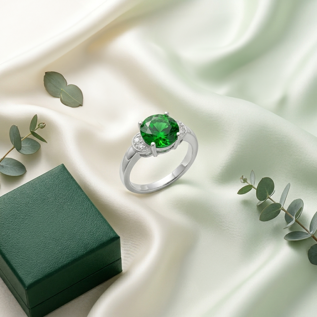 Elegant Round Emerald Look Silver Ring with a green center stone placed on white draped silk fabric next to a dark green jewelry box and fresh eucalyptus leaves.