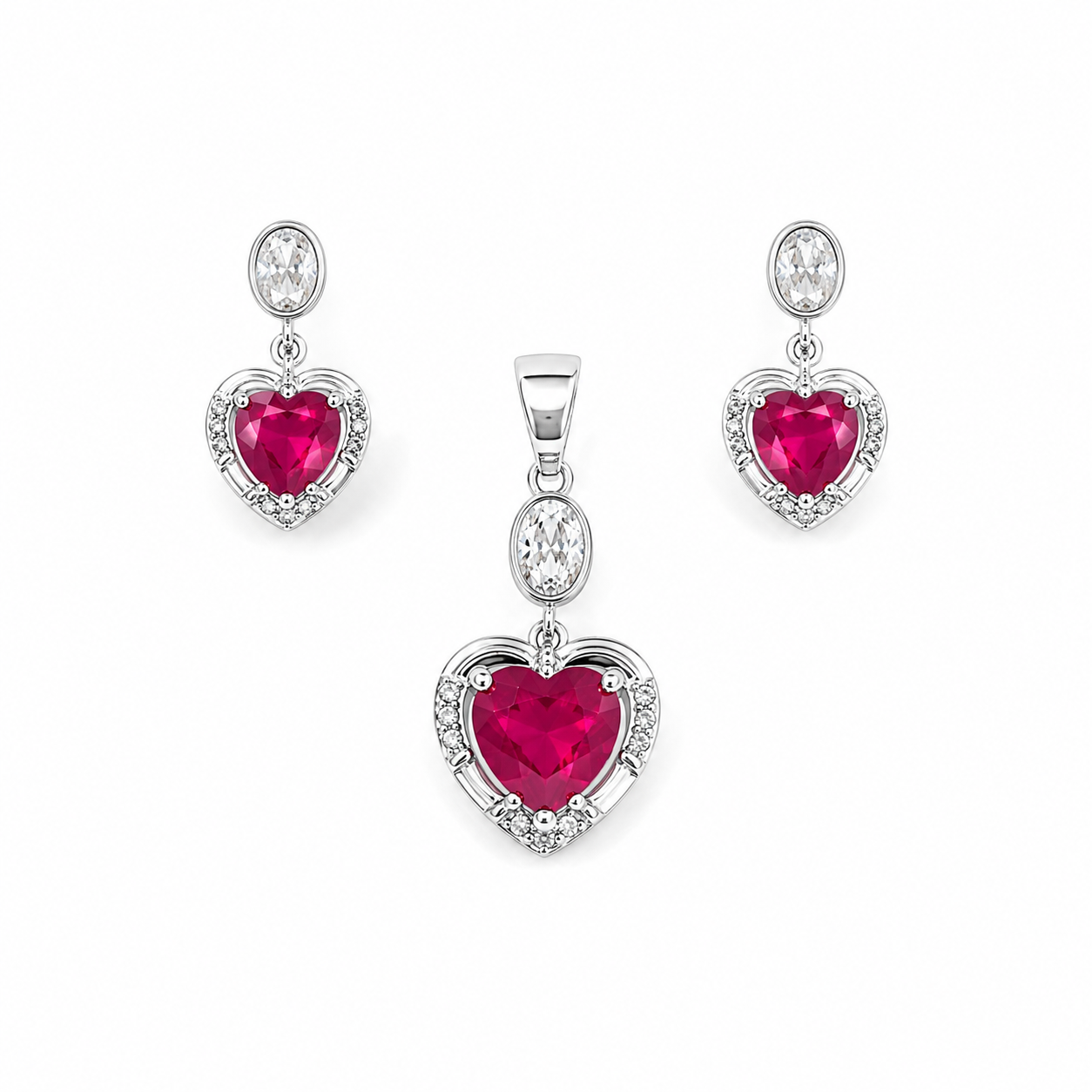 Ruby Red Heart Halo Silver Pendant & Earring Set on a white background