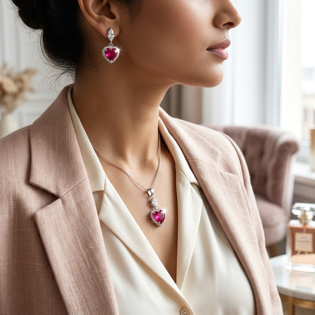 Close-up of the rose gold-toned teardrop pendant with floral center