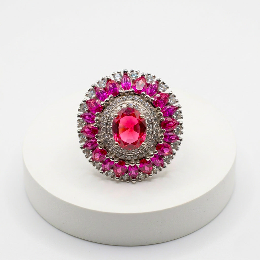 Studio shot of an intricate 925 silver statement ring featuring a large ruby stone at the center, a white stone halo, a larger halo of pear-shaped red stones, and an outer border of white stones