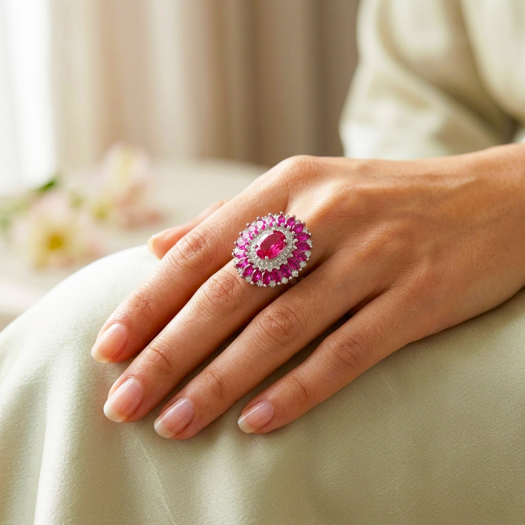 A woman's hand wearing a grand ruby-style floral silver statement ring, showcasing its large size and intricate double-halo gemstone design