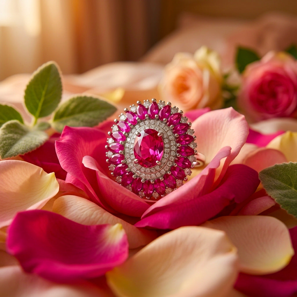 A luxurious silver statement ring with a large oval ruby-red center stone and radiating pear-shaped red stones