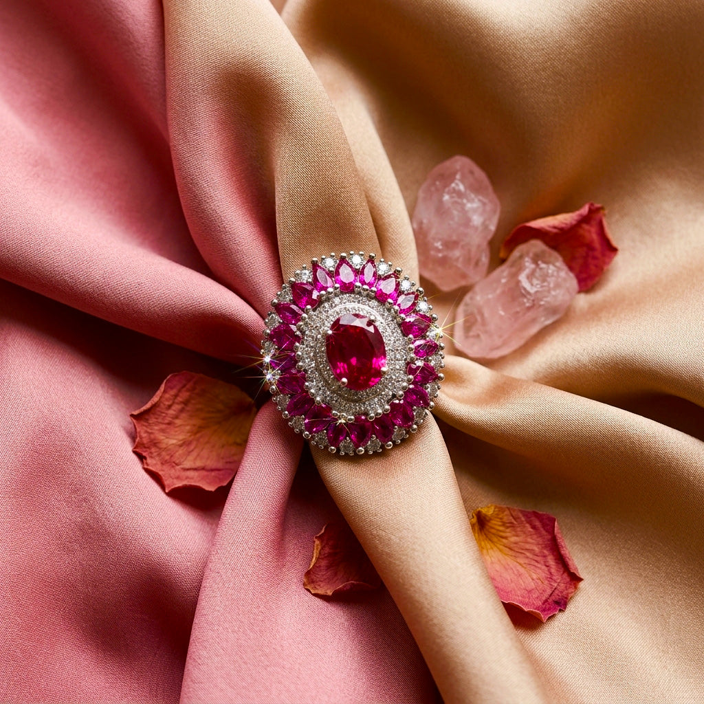 Close-up of a large, ornate silver statement ring featuring a central oval ruby-style stone surrounded by halos of white stones and pear-shaped pink-red stones