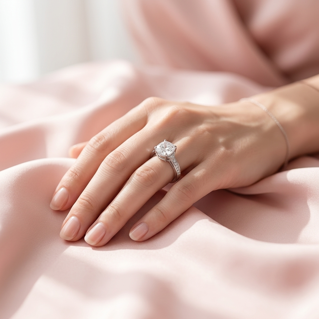Woman's hand resting on soft pink silk wearing the Shahi Solitaire Silver Ring.