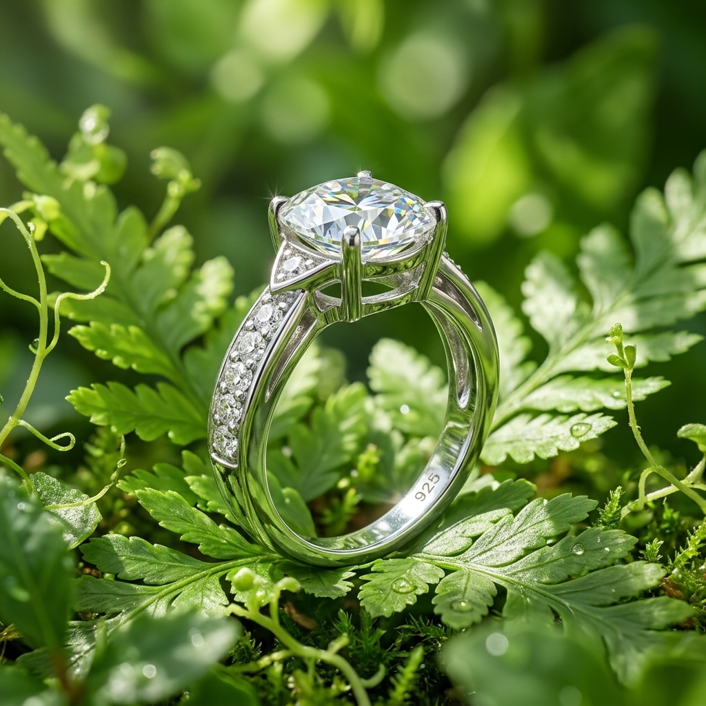 Close-up of the Shahi Solitaire Silver Ring resting on green fern leaves, highlighting the 925 hallmark.
