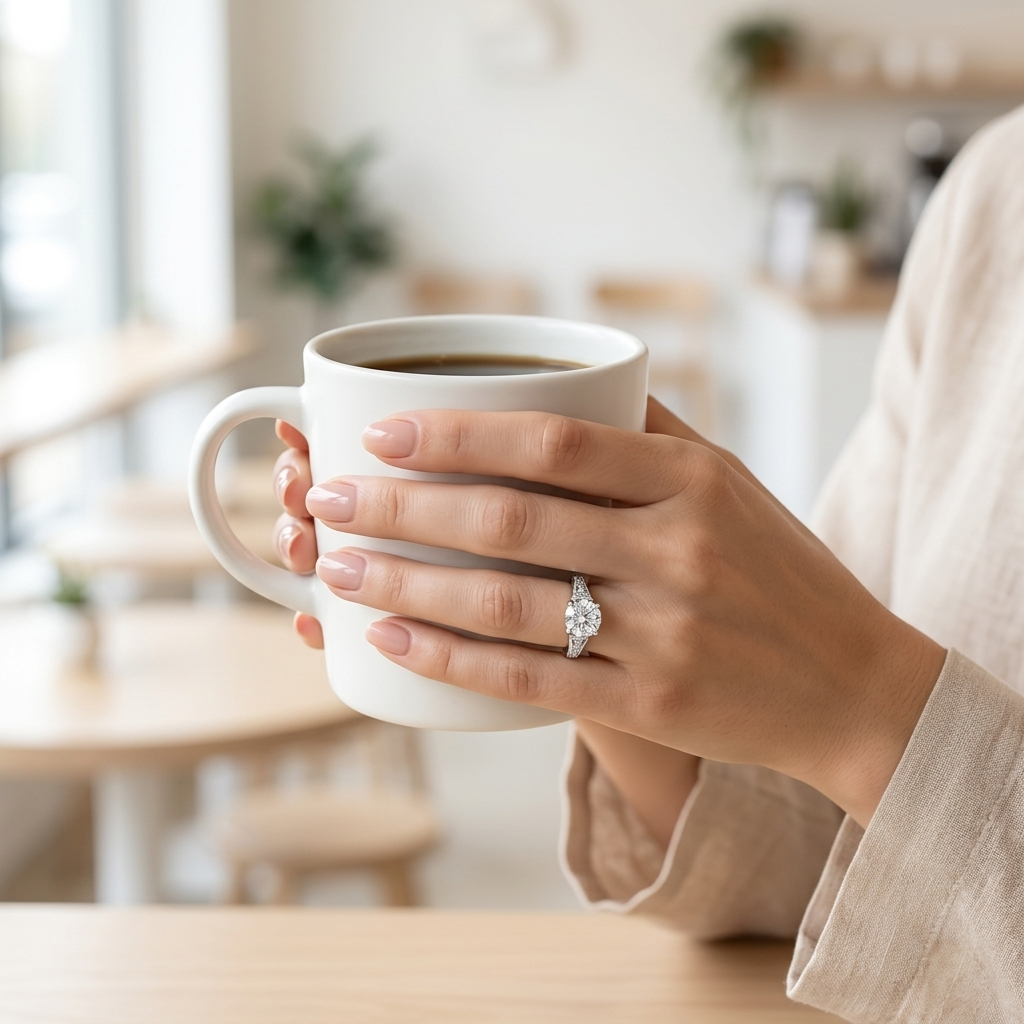 Woman holding a white coffee mug showcasing the Shahi Solitaire Ring on her finger.