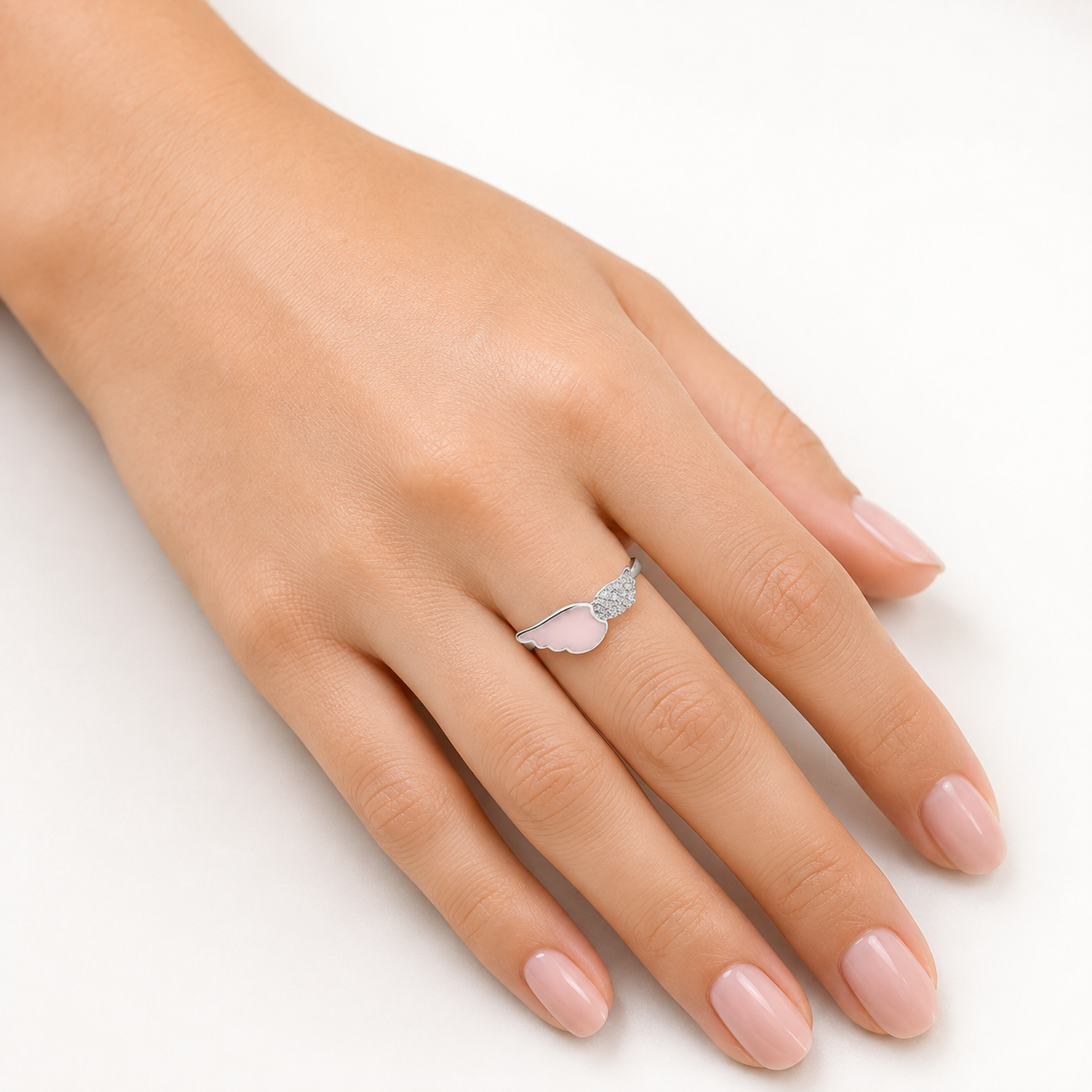 Silver Pink Enamel Wing Ring