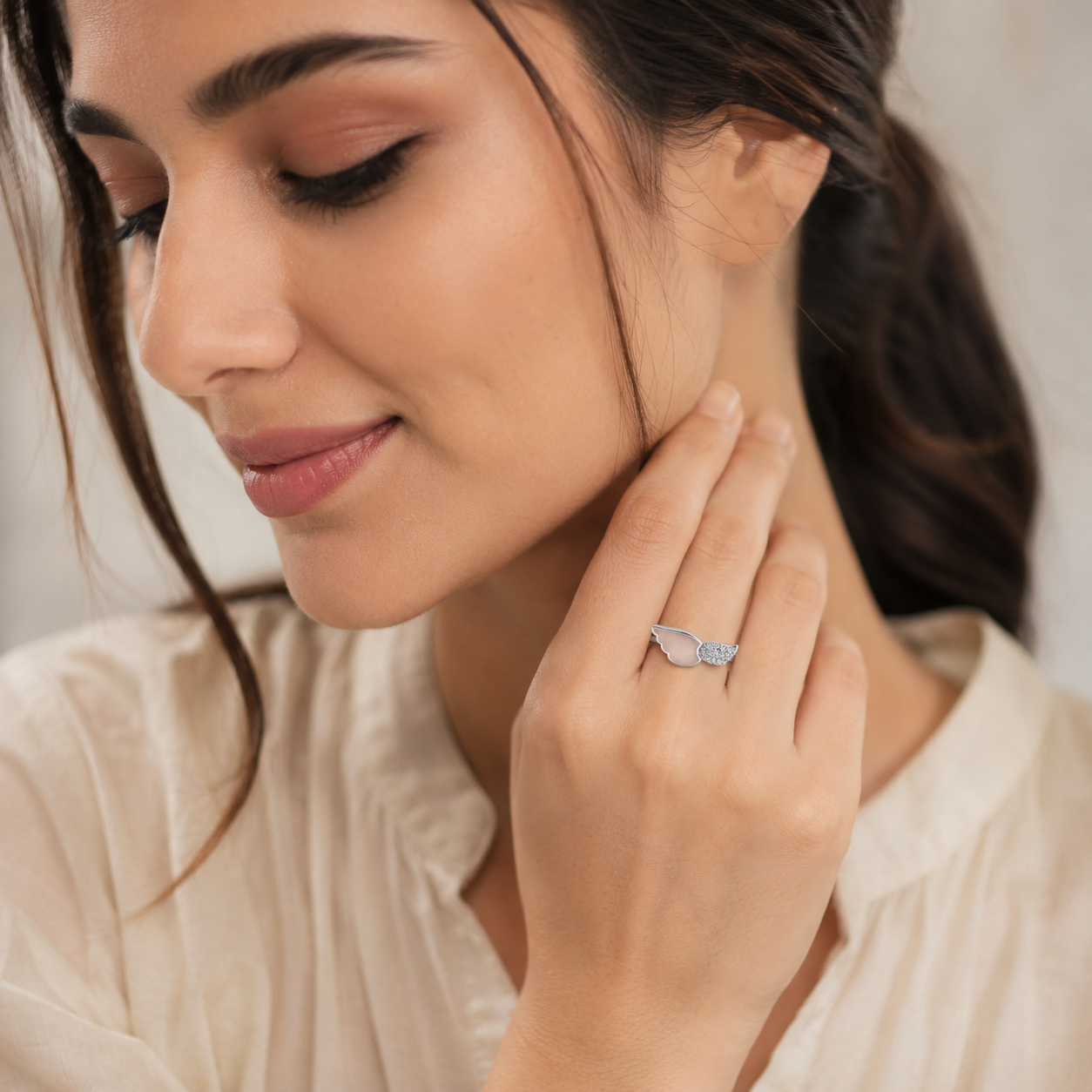 Silver Pink Enamel Wing Ring
