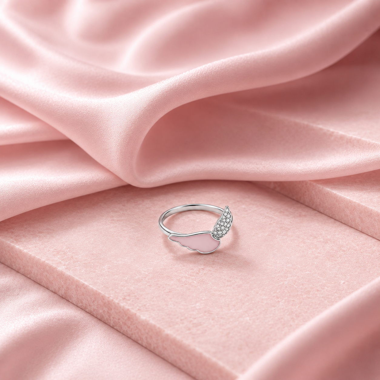 Silver Pink Enamel Wing Ring