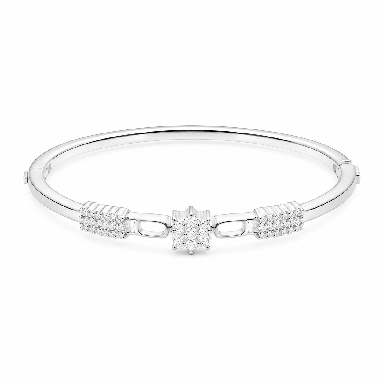 Silver-Toned American Diamond Floral Kada Bracelet front view