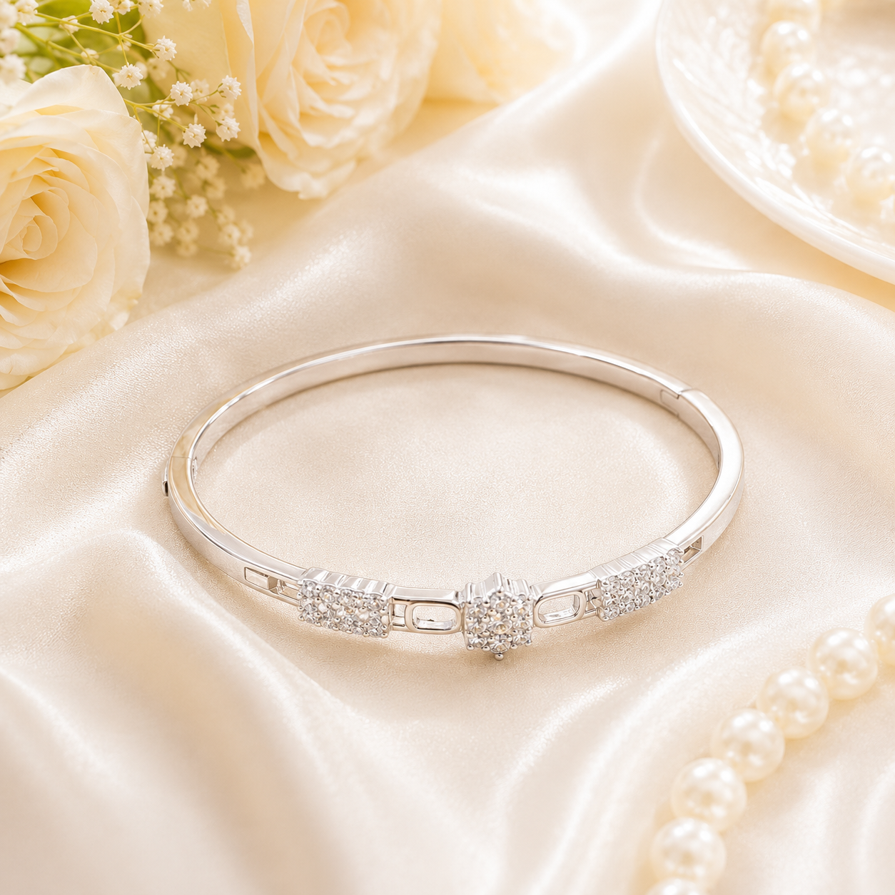 Hinged silver kada bracelet with American diamonds