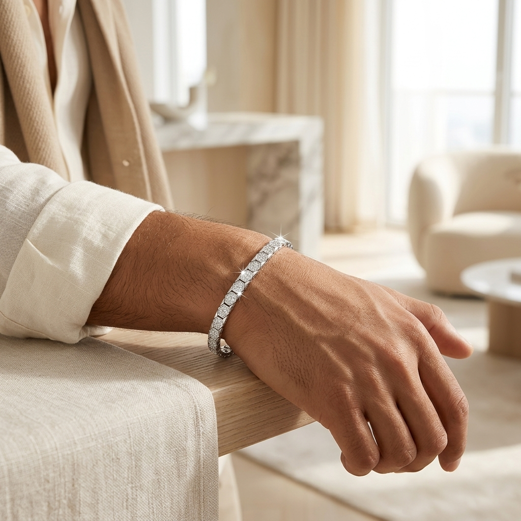 Silver-Toned Hexagon Link Crystal Tennis Bracelet