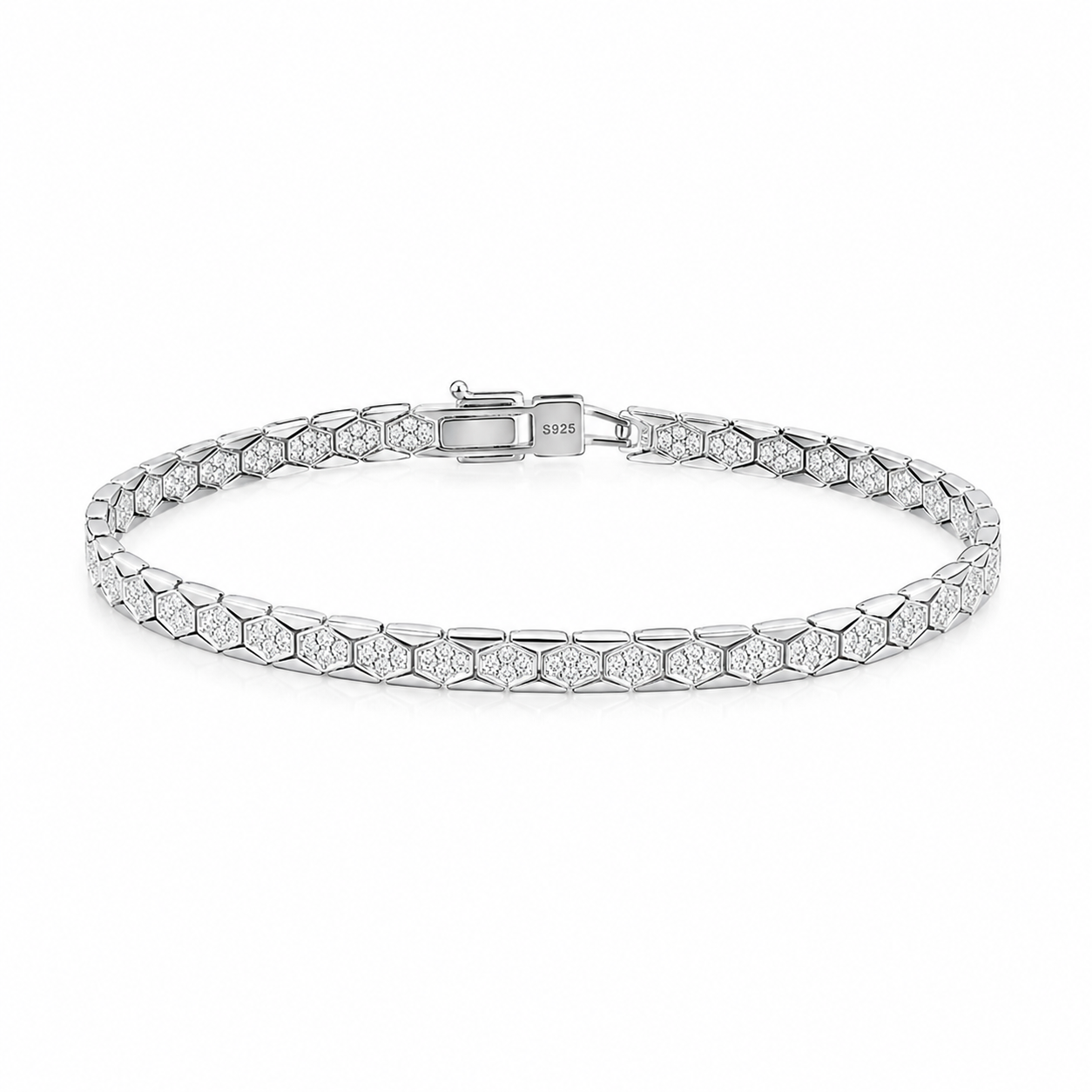 Front view of the Silver-Toned Hexagon Link Crystal Tennis Bracelet laid flat