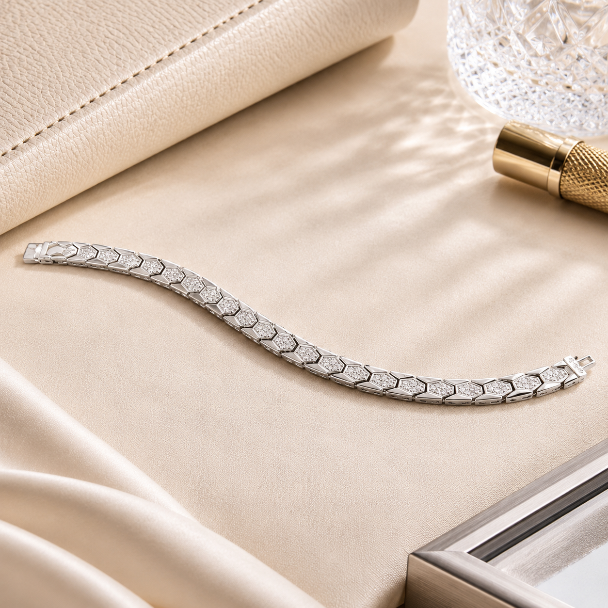 Detailed shot showing the secure box clasp of the crystal tennis bracelet