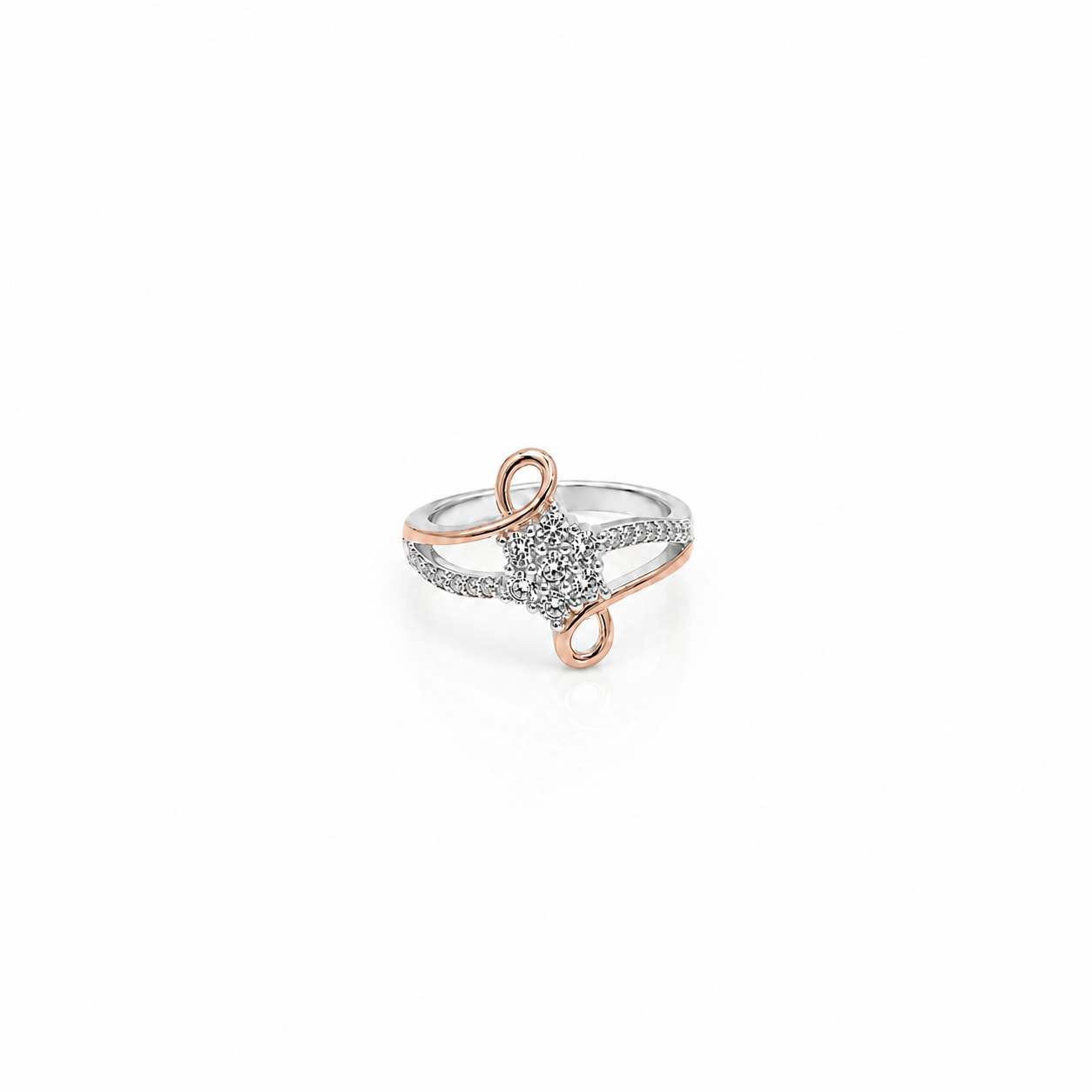 Silver and Rose Gold Cluster Swirl Ring