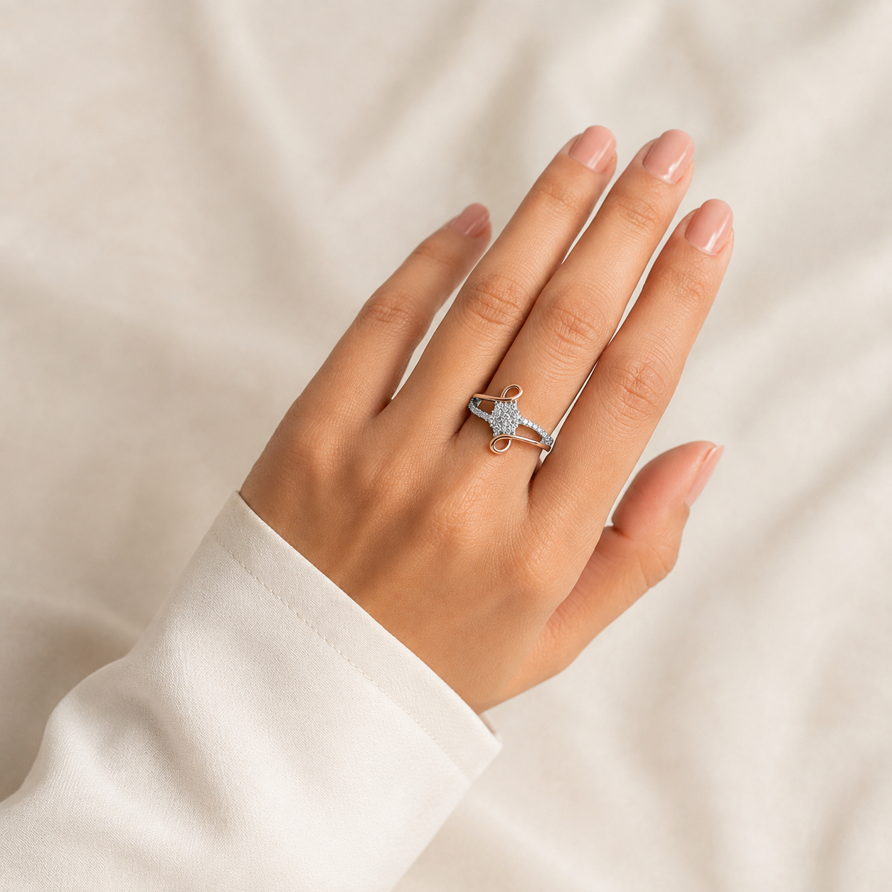 Silver and Rose Gold Cluster Swirl Ring