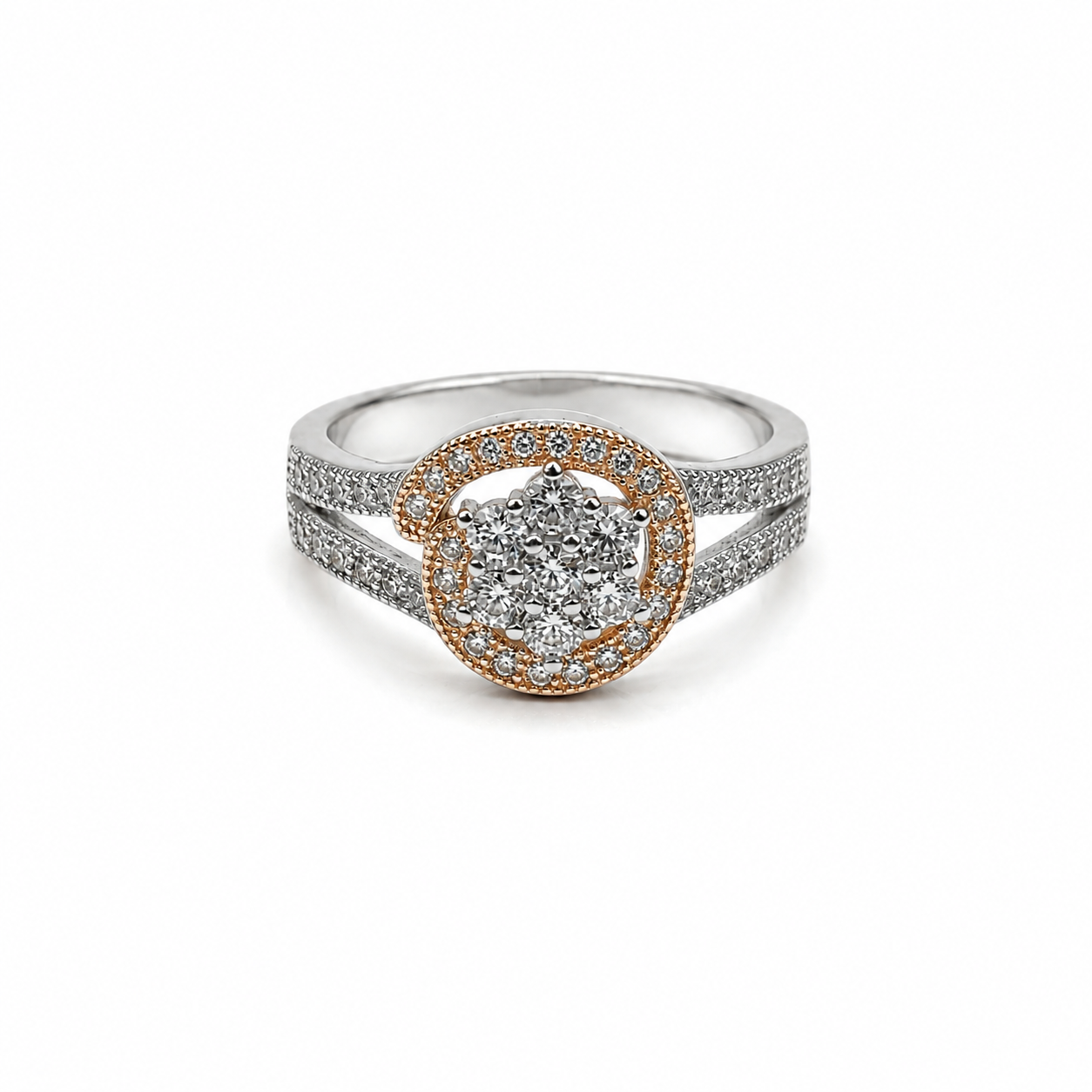 Silver and Rose Gold Halo Cocktail Ring