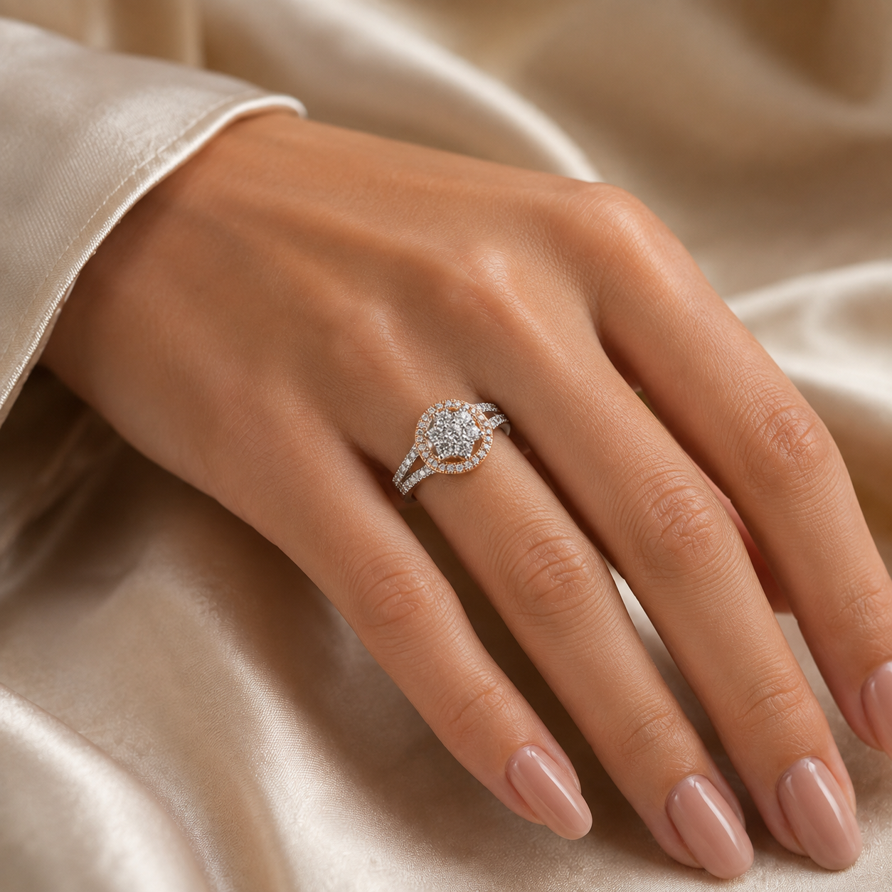 Silver and Rose Gold Halo Cocktail Ring