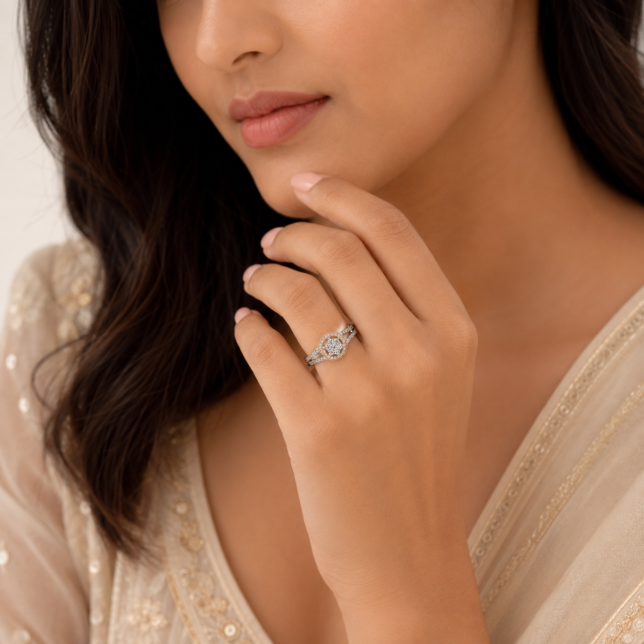 Silver and Rose Gold Halo Cocktail Ring