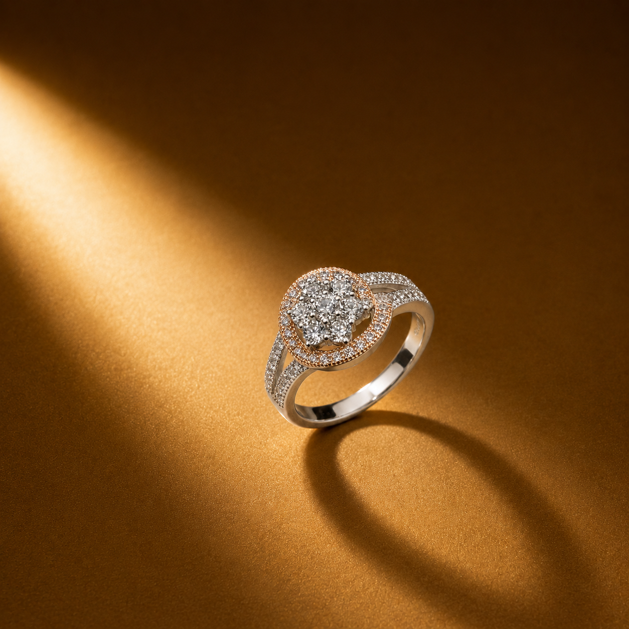 Silver and Rose Gold Halo Cocktail Ring