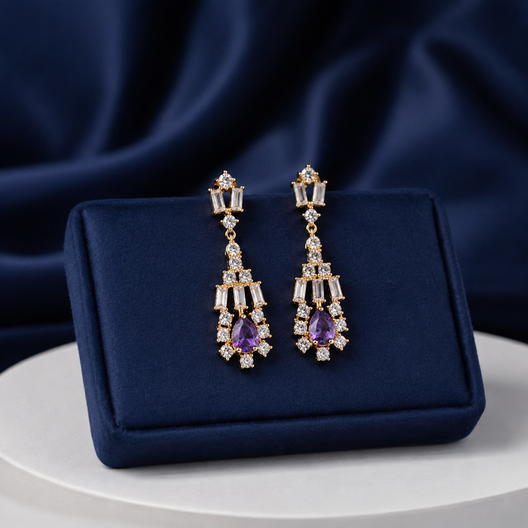 Silver Blue Pear and Baguette Drop Earrings