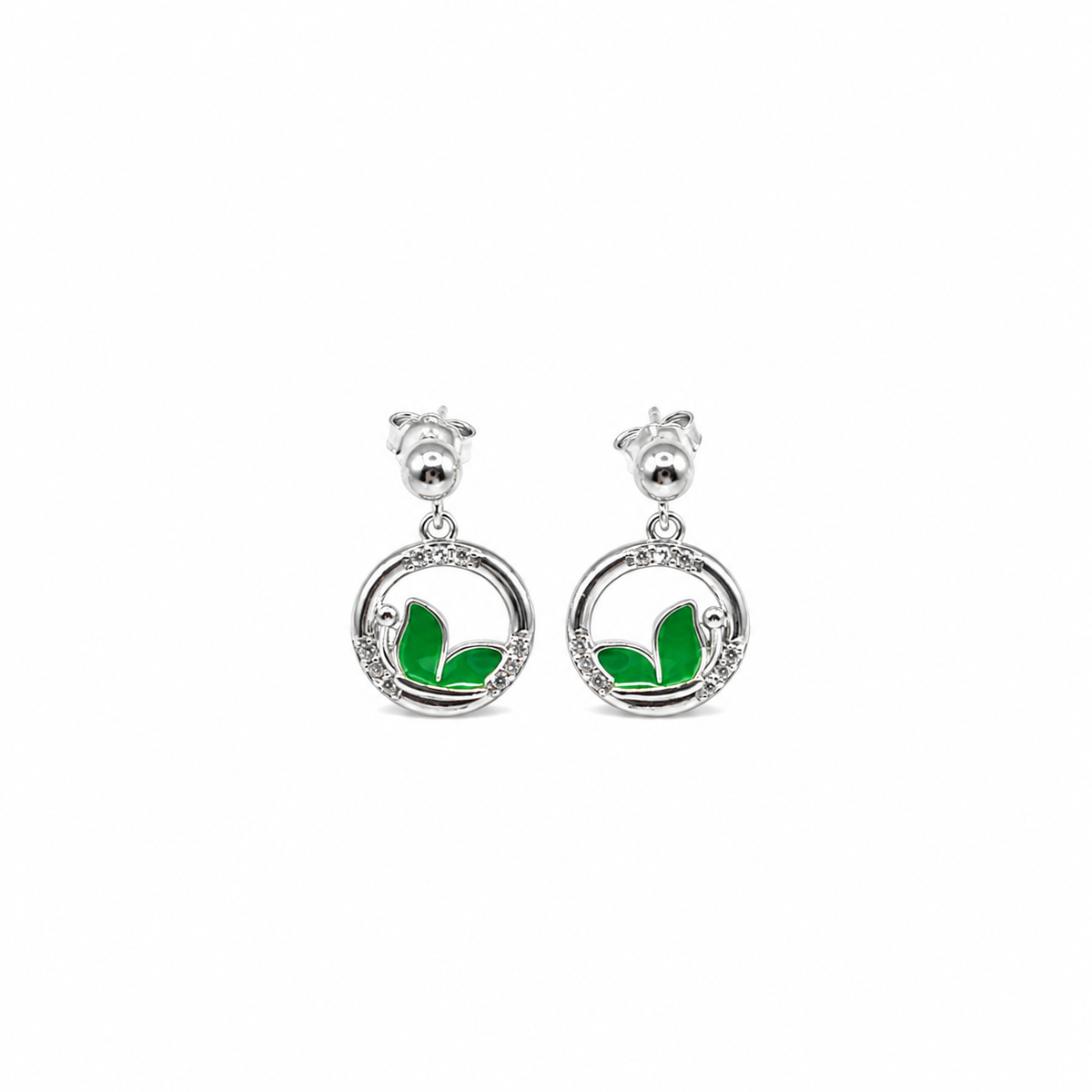 Silver Green Heart Stud Earrings