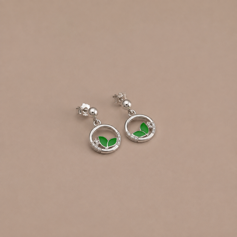 Silver Green Heart Stud Earrings